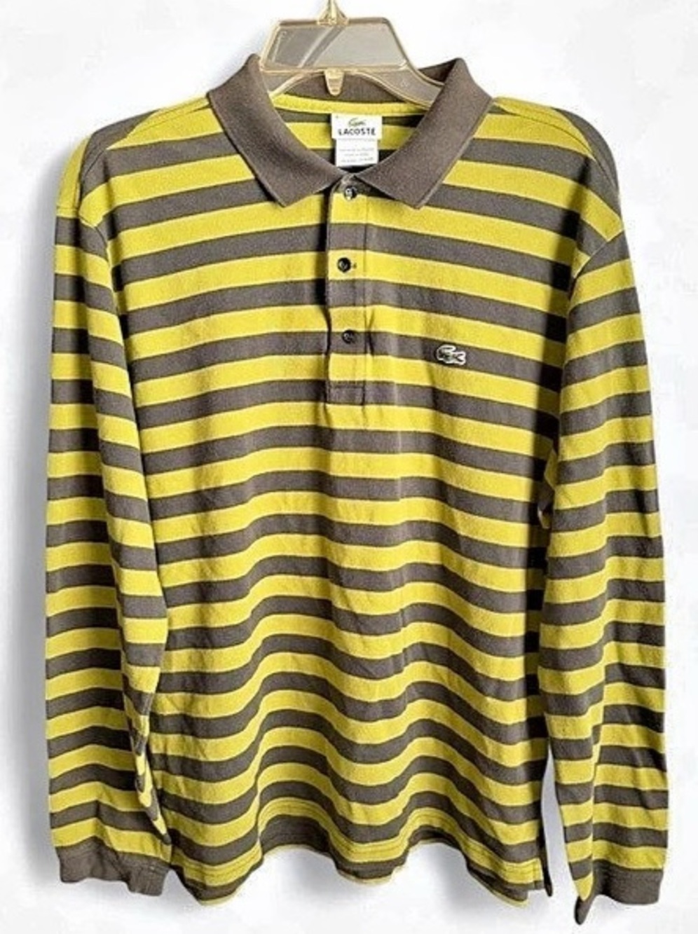 Lacoste Chartreuse and Olive Green Striped Cotton Long Sleeve Polo- Size Large